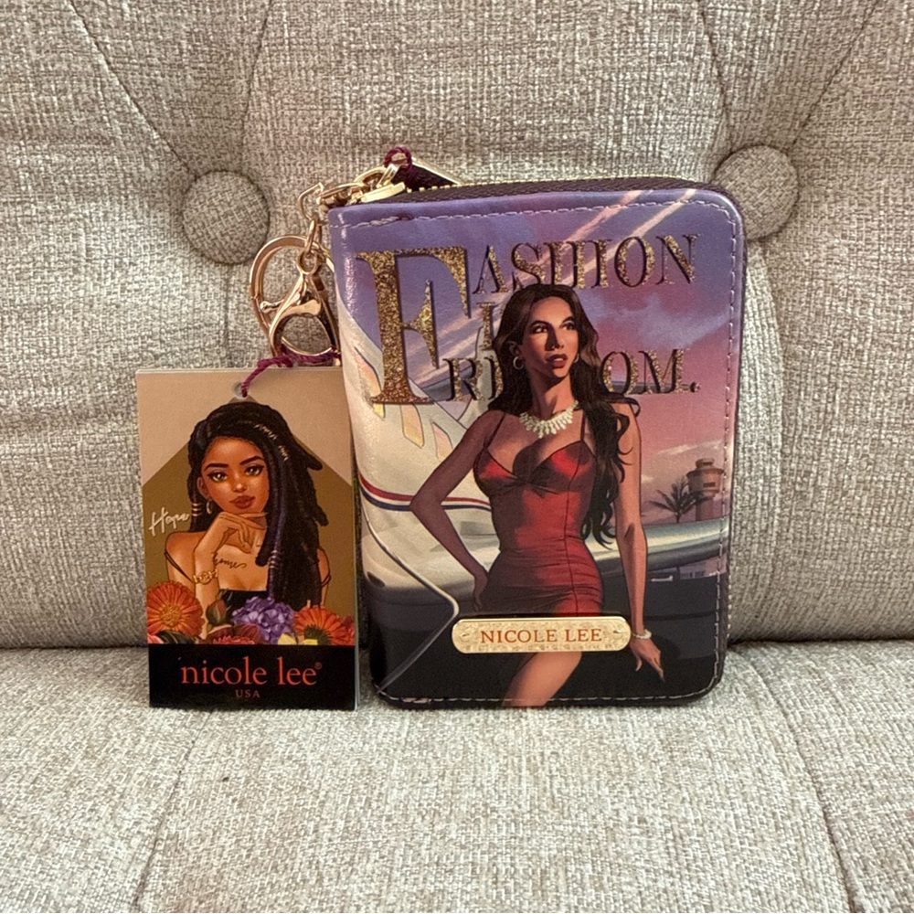 NWT Nicole Lee Pink&Purple Gradient RFID Zip Card holder/Wallet w/Illustration